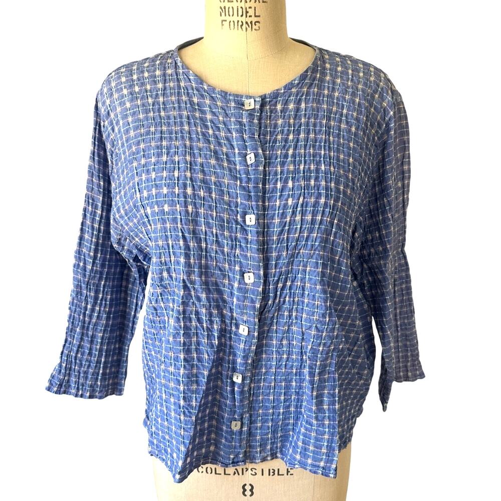 cut.loose Plaid Top in Seersucker Blue Plaid Size Large Metallic Lightweight